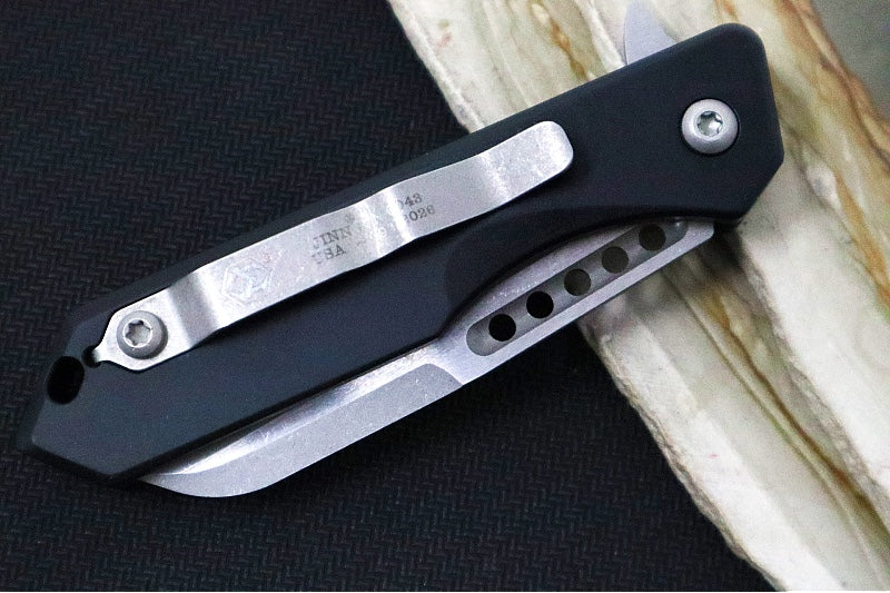 Heretic Knives Jinn Flipper - Black Anodized Aluminum Handle / Battleworn Finished Blade / Sheepsfoot Style - Northwest Knives