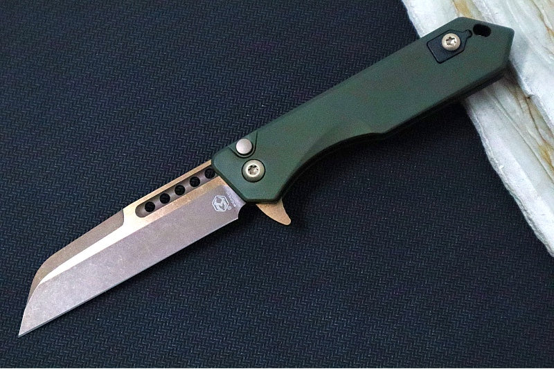 Heretic Knives Jinn Flipper - OD Green Anodized Aluminum Handle / Bronzed Finished Blade / Sheepsfoot Style - Northwest Knives