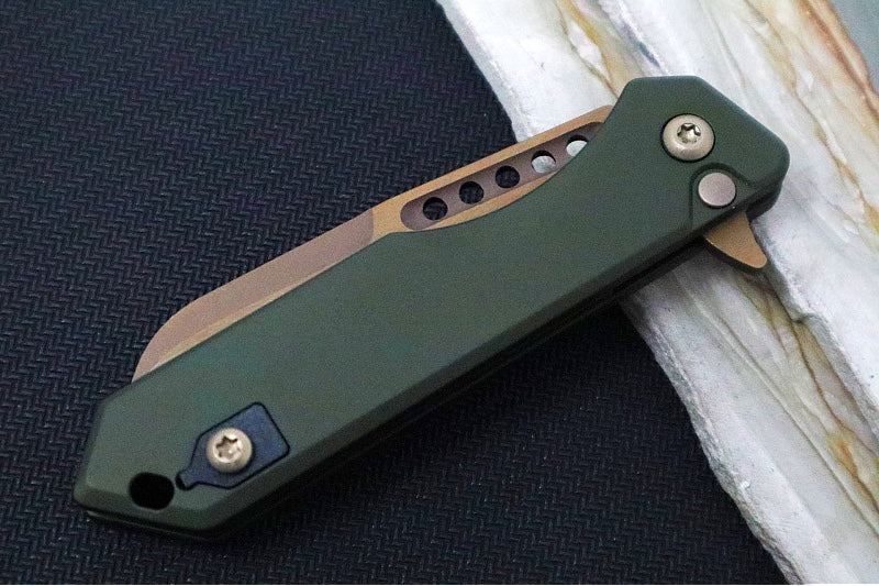 Heretic Knives Jinn Flipper - OD Green Anodized Aluminum Handle / Bronzed Finished Blade / Sheepsfoot Style - Northwest Knives