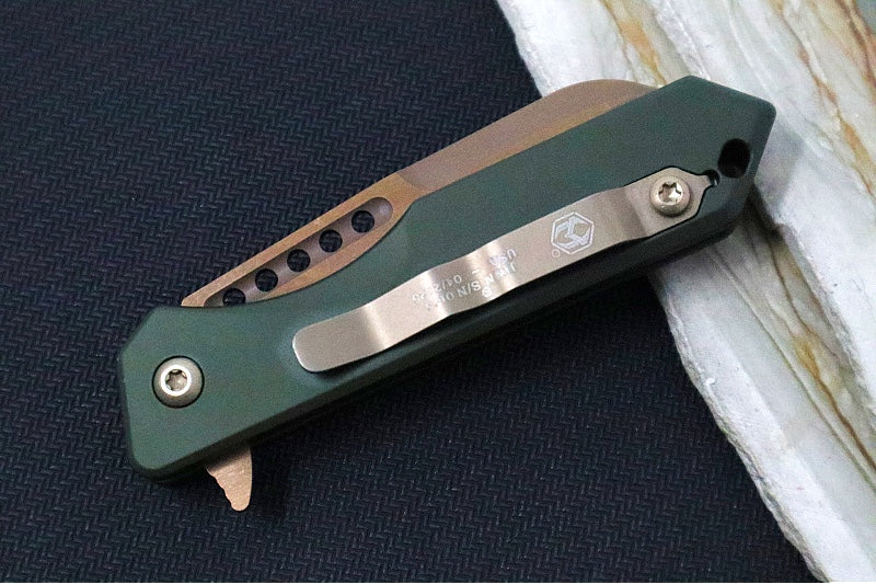 Heretic Knives Jinn Flipper - OD Green Anodized Aluminum Handle / Bronzed Finished Blade / Sheepsfoot Style - Northwest Knives