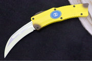 Heretic Knives Freshly Peeled Stabana OTF - Yellow & Brown Anodized Aluminum Handle / Yellow Cerakote Finish / Single Edge Hawkbill Style - Northwest Knives
