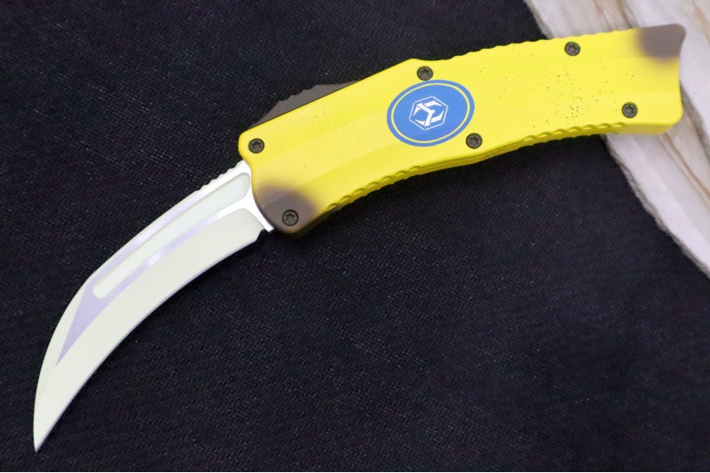Heretic Knives Freshly Peeled Stabana OTF - Yellow & Brown Anodized Aluminum Handle / Yellow Cerakote Finish / Single Edge Hawkbill Style - Northwest Knives