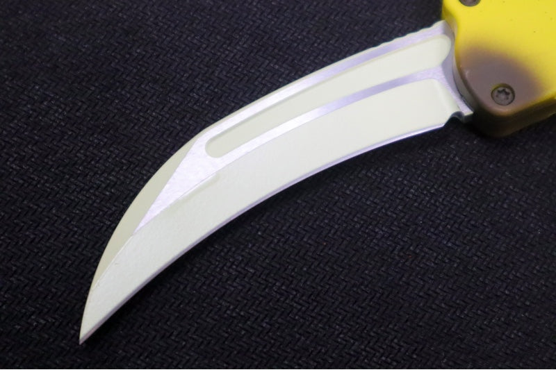 Heretic Knives Freshly Peeled Stabana OTF - Yellow & Brown Anodized Aluminum Handle / Yellow Cerakote Finish / Single Edge Hawkbill Style
