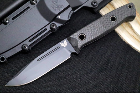 Benchmade 163BK Bushcrafter Fixed Blade - CPM-Cruwear Steel / Drop Point / Black Carbon Fiber Handle & Red Spacers / Black Kydex Sheath