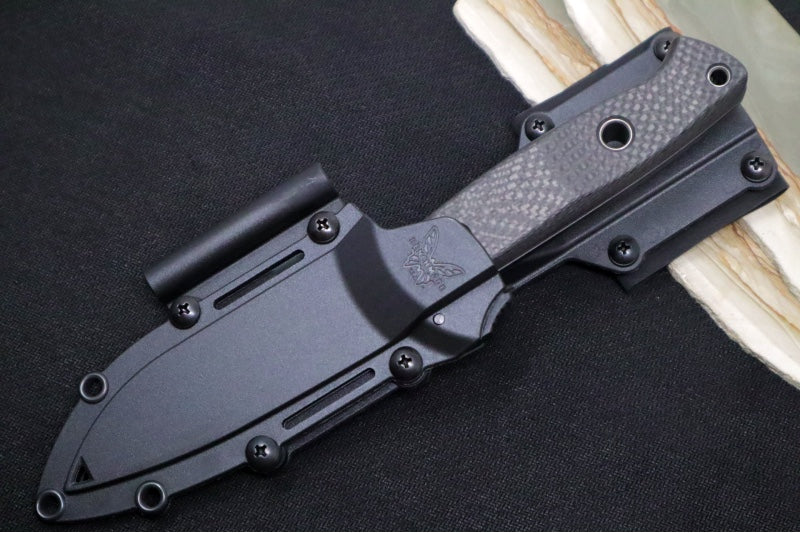 Benchmade 163BK Bushcrafter Fixed Blade - CPM-Cruwear Steel / Drop Point / Black Carbon Fiber Handle & Red Spacers / Black Kydex Sheath