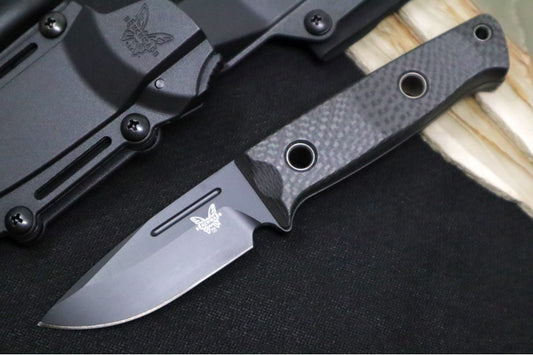 Benchmade 165BK Mini Bushcrafter Fixed Blade - CPM-Cruwear / Drop Point / Black Carbon Fiber Handle & Red Spacers / Black Kydex Sheath