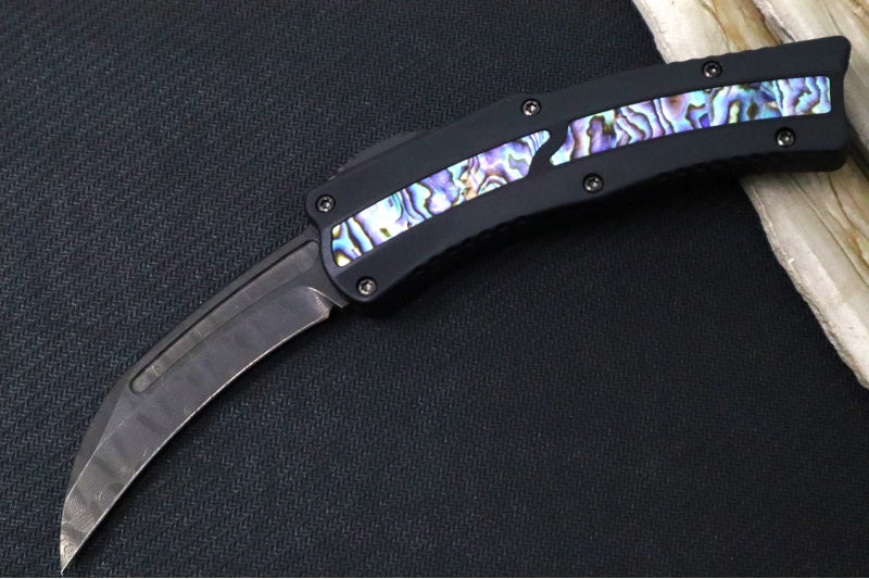 Garage Sale Heretic Knives ROC Karambit OTF - Vegas Forged DLC Damascus Blade / Black Anodized Handle w/ Abalone Inlaid Button - Northwest Knives