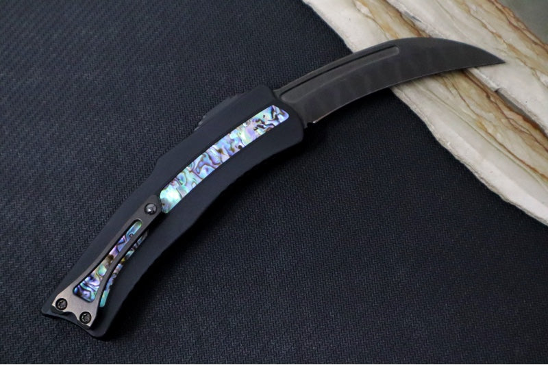 Garage Sale Heretic Knives ROC Karambit OTF - Vegas Forged DLC Damascus Blade / Black Anodized Handle w/ Abalone Inlaid Button - Northwest Knives