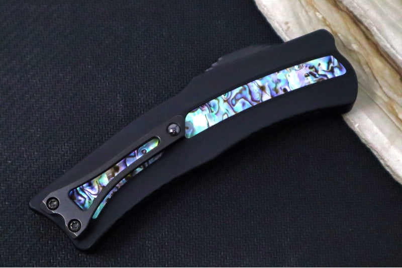 Garage Sale Heretic Knives ROC Karambit OTF - Vegas Forged DLC Damascus Blade / Black Anodized Handle w/ Abalone Inlaid Button - Northwest Knives