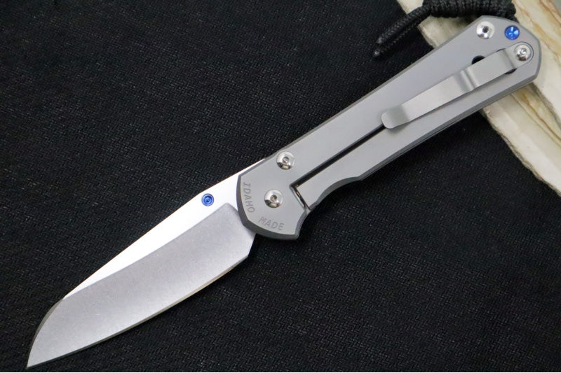 Chris Reeve Knives Large Sebenza 31 Glass Blasted LEFT HAND - Insingo Blade / CPM-Magnacut Steel / Titanium Handle / Blue Accents L31-1686
