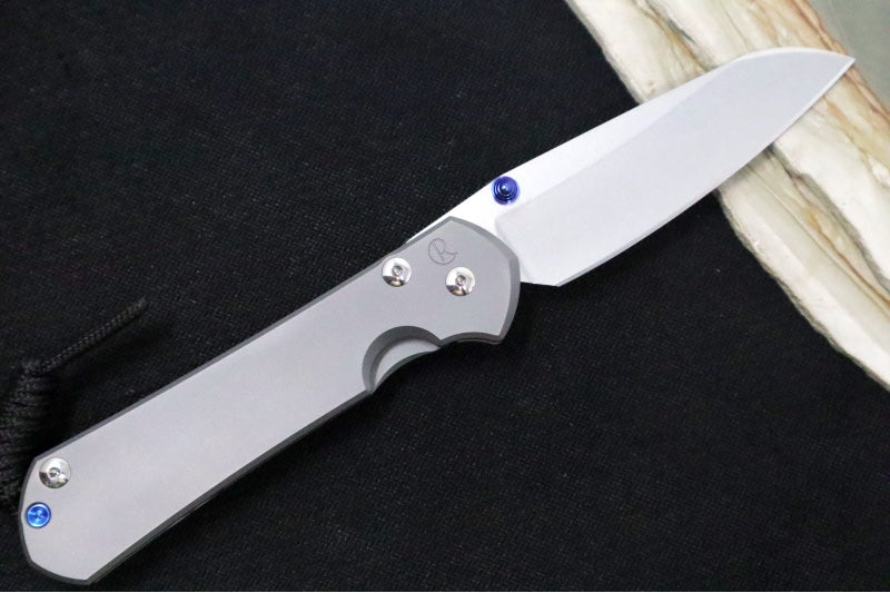 Chris Reeve Knives Large Sebenza 31 Glass Blasted LEFT HAND - Insingo Blade / CPM-Magnacut Steel / Titanium Handle / Blue Accents L31-1686