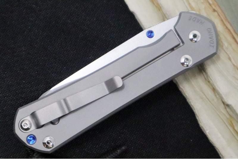 Chris Reeve Knives Large Sebenza 31 Glass Blasted LEFT HAND - Insingo Blade / CPM-Magnacut Steel / Titanium Handle / Blue Accents L31-1686