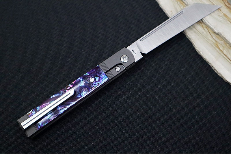 Jack Wolf Knives Purple Abalone Feel Good Jack Flipper - Purple Abalone & Titanium Handle / Titanium Liners & Bolsters / CPM-S90V Steel - Northwest Knives
