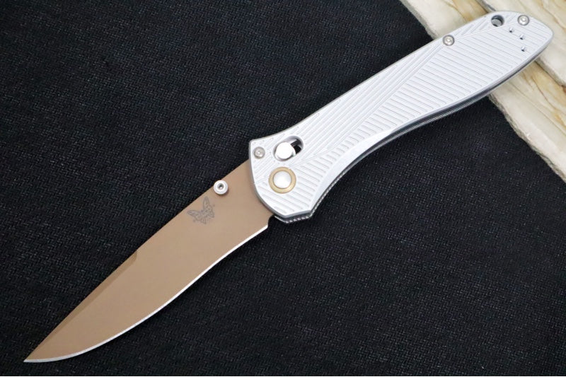 Benchmade 710FE-24 SEVEN | TEN  - Recurve Drop Point Blade / CPM-S90V Steel / Gray Machined Aluminum Handle / FDE PVD Accents - Northwest Knives