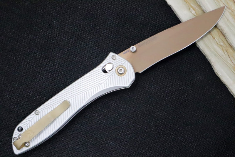 Benchmade 710FE-24 SEVEN | TEN  - Recurve Drop Point Blade / CPM-S90V Steel / Gray Machined Aluminum Handle / FDE PVD Accents
