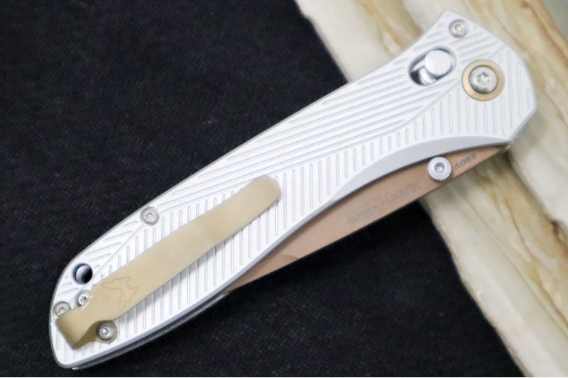 Benchmade 710FE-24 SEVEN | TEN  - Recurve Drop Point Blade / CPM-S90V Steel / Gray Machined Aluminum Handle / FDE PVD Accents - Northwest Knives