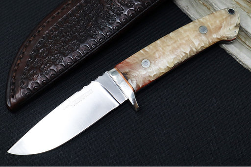 Bloodworth Custom Knives Fixed Blade - Bushcrafter - 154CM Stainless Steel Blade - Musk Ox Handle - Brown Leather Sheath - Northwest Knives