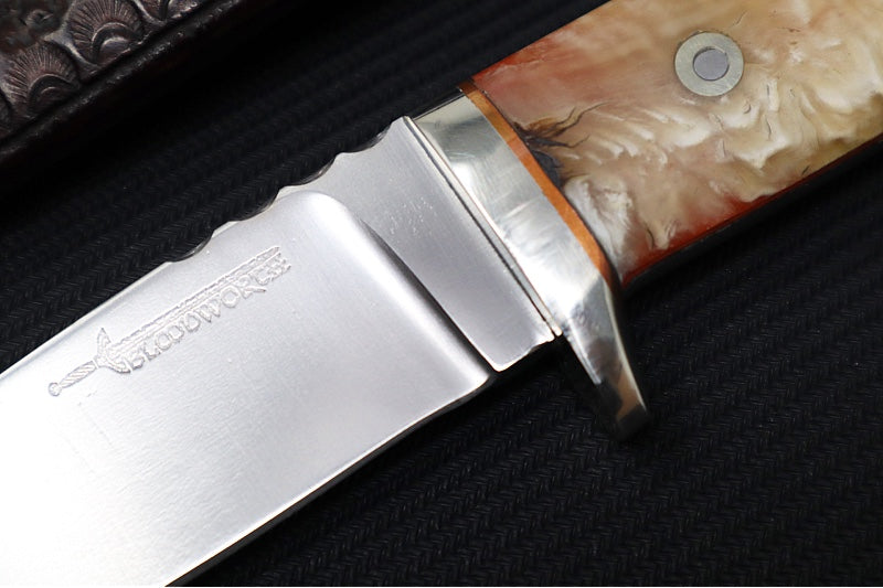 Bloodworth Custom Knives Fixed Blade - Bushcrafter - 154CM Stainless Steel Blade - Musk Ox Handle - Brown Leather Sheath - Northwest Knives