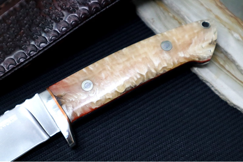 Bloodworth Custom Knives Fixed Blade - Bushcrafter - 154CM Stainless Steel Blade - Musk Ox Handle - Brown Leather Sheath - Northwest Knives