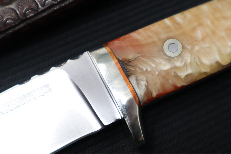 Bloodworth Custom Knives Fixed Blade - Bushcrafter - 154CM Stainless Steel Blade - Musk Ox Handle - Brown Leather Sheath - Northwest Knives
