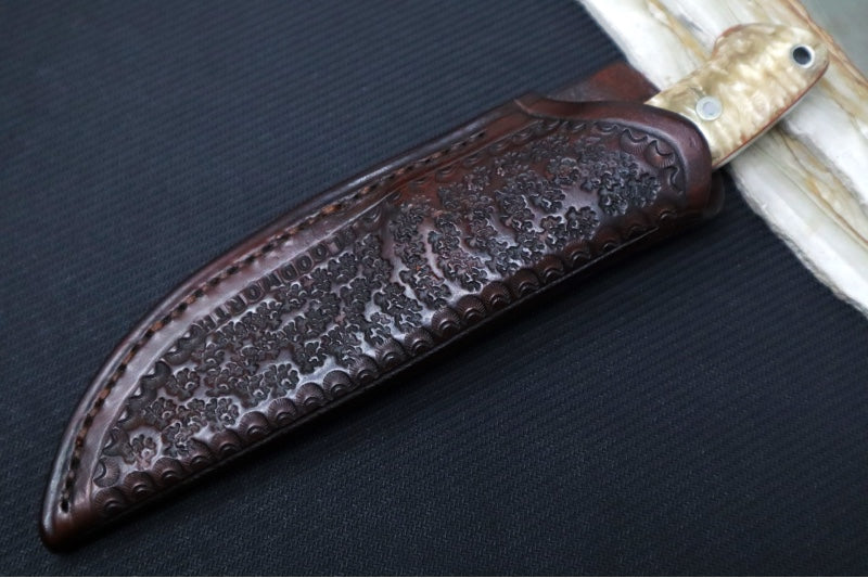Bloodworth Custom Knives Fixed Blade - Bushcrafter - 154CM Stainless Steel Blade - Musk Ox Handle - Brown Leather Sheath - Northwest Knives