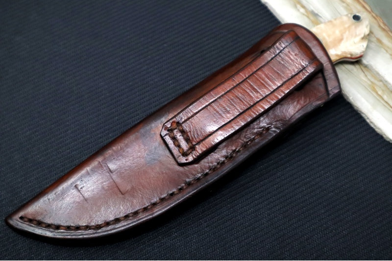 Bloodworth Custom Knives Fixed Blade - Bushcrafter - 154CM Stainless Steel Blade - Musk Ox Handle - Brown Leather Sheath - Northwest Knives