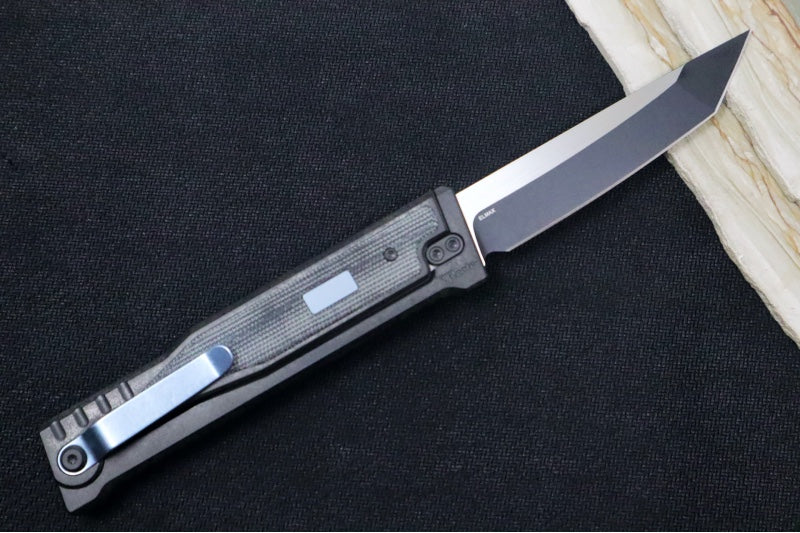 Reate Knives EXO Gravity Knife - Black PVD Titanium Handle & Black Micarta Inlay / Black PVD Finish / Tanto Blade / Elmax Steel