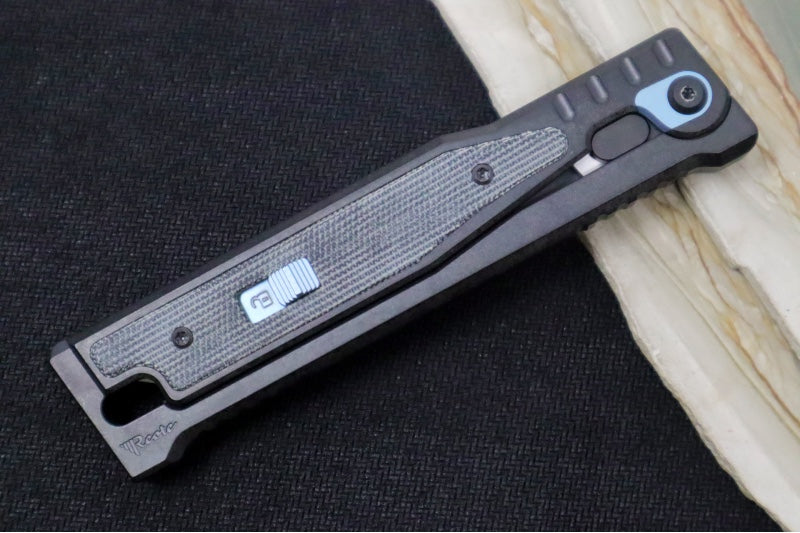 Reate Knives EXO Gravity Knife - Black PVD Titanium Handle & Black Micarta Inlay / Black PVD Finish / Tanto Blade / Elmax Steel