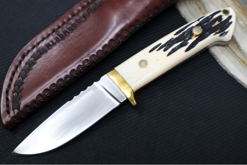 Bloodworth Custom Knives Fixed Blade - Bushcrafter - 154CM Stainless Steel Blade - Camel Bone Handle - Brown Leather Sheath - Northwest Knives