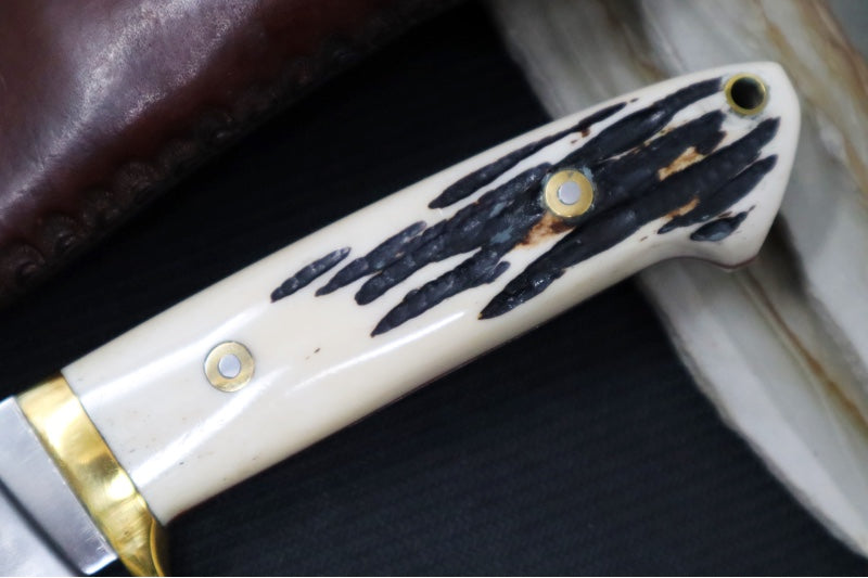 Bloodworth Custom Knives Fixed Blade - Bushcrafter - 154CM Stainless Steel Blade - Camel Bone Handle - Brown Leather Sheath - Northwest Knives