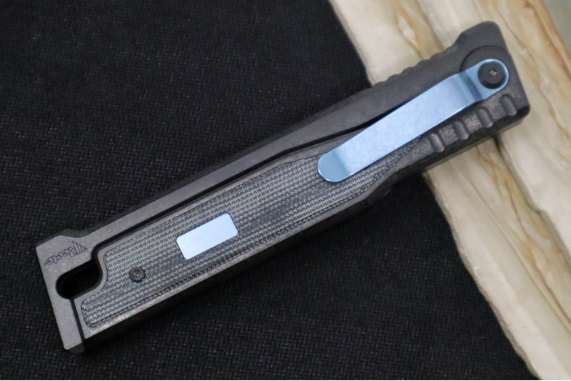 Reate Knives EXO Gravity Knife - Black PVD Titanium Handle & Black Micarta Inlay / Black PVD Finish / Tanto Blade / Elmax Steel