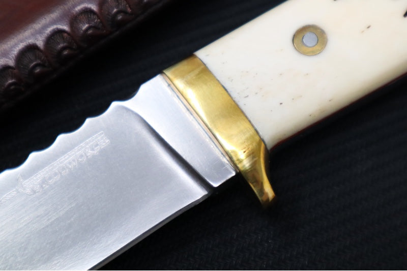 Bloodworth Custom Knives Fixed Blade - Bushcrafter - 154CM Stainless Steel Blade - Camel Bone Handle - Brown Leather Sheath - Northwest Knives