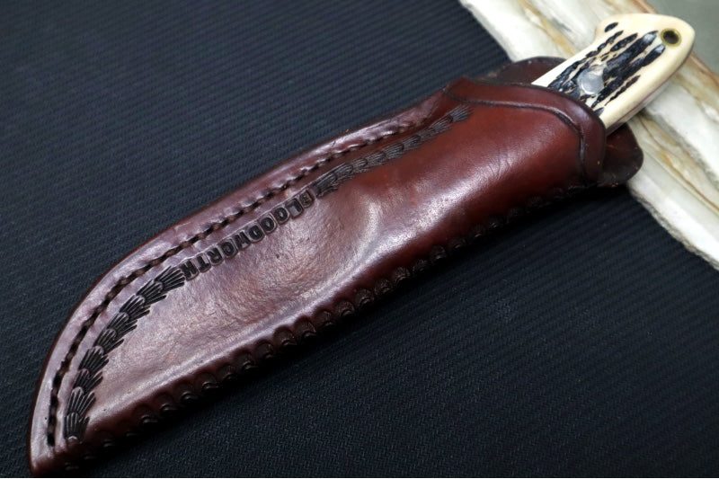 Bloodworth Custom Knives Fixed Blade - Bushcrafter - 154CM Stainless Steel Blade - Camel Bone Handle - Brown Leather Sheath - Northwest Knives