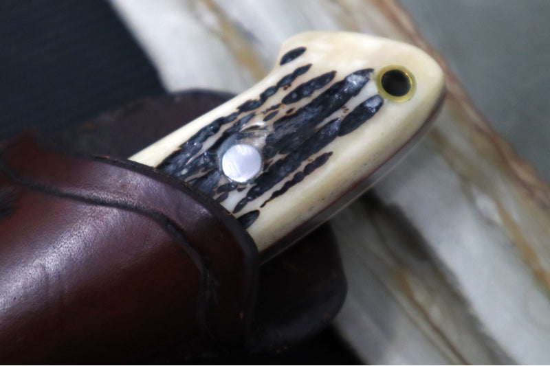 Bloodworth Custom Knives Fixed Blade - Bushcrafter - 154CM Stainless Steel Blade - Camel Bone Handle - Brown Leather Sheath - Northwest Knives