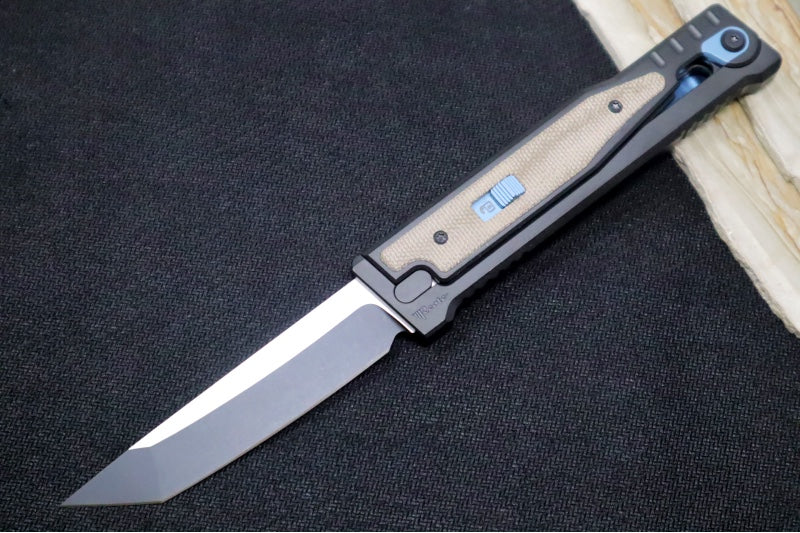 Reate Knives EXO Gravity Knife - Black PVD Titanium Handle & Twill Green Micarta Inlay / Black PVD Finish / Tanto Blade / Elmax Steel - Northwest Knives