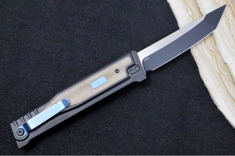 Reate Knives EXO Gravity Knife - Black PVD Titanium Handle & Twill Green Micarta Inlay / Black PVD Finish / Tanto Blade / Elmax Steel - Northwest Knives