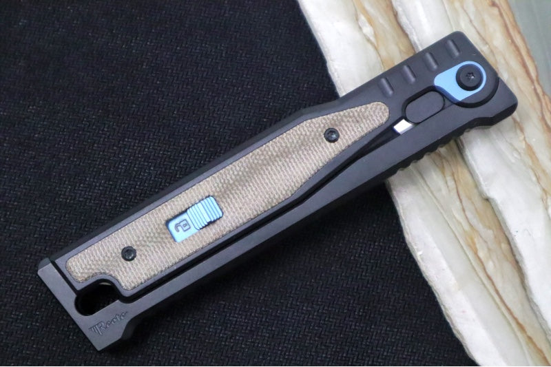 Reate Knives EXO Gravity Knife - Black PVD Titanium Handle & Twill Green Micarta Inlay / Black PVD Finish / Drop Point Blade / Elmax Steel - Northwest Knives