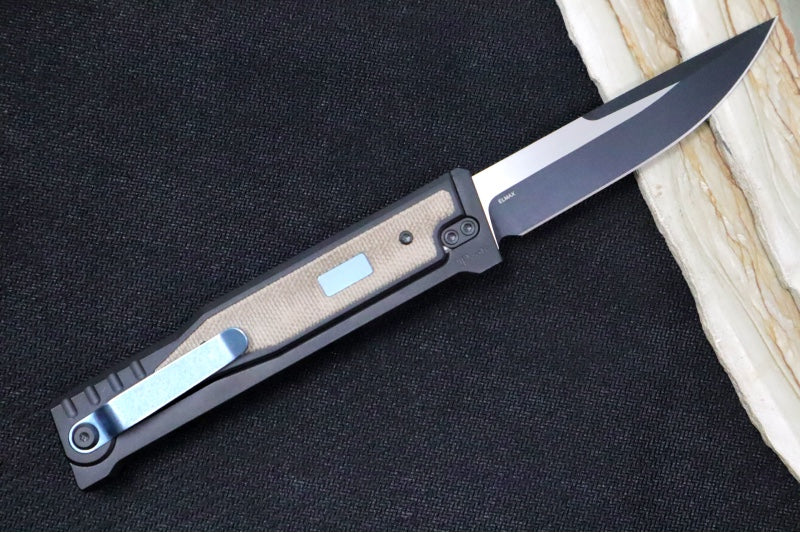 Reate Knives EXO Gravity Knife - Black PVD Titanium Handle & Twill Green Micarta Inlay / Black PVD Finish / Drop Point Blade / Elmax Steel - Northwest Knives