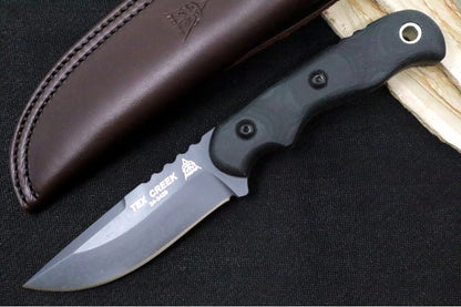 Tops Tex Creek Sniper Grey - 1095 Steel / Sniper Grey Finish / Black Canvas Micarta Handle / Brown Leather Sheath TEX-4