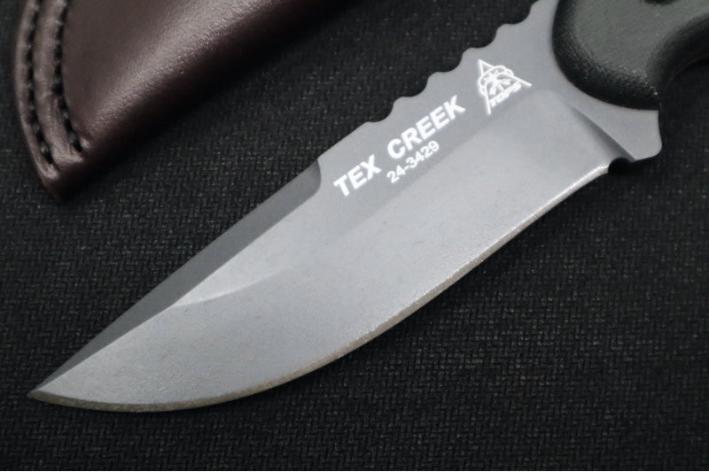 Tops Tex Creek Sniper Grey - 1095 Steel / Sniper Grey Finish / Black Canvas Micarta Handle / Brown Leather Sheath TEX-4 - Northwest Knives
