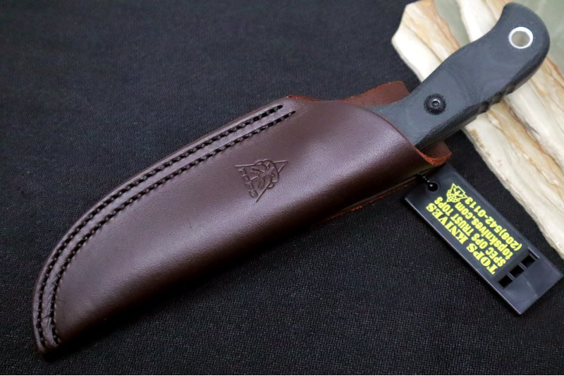 Tops Tex Creek Sniper Grey - 1095 Steel / Sniper Grey Finish / Black Canvas Micarta Handle / Brown Leather Sheath TEX-4