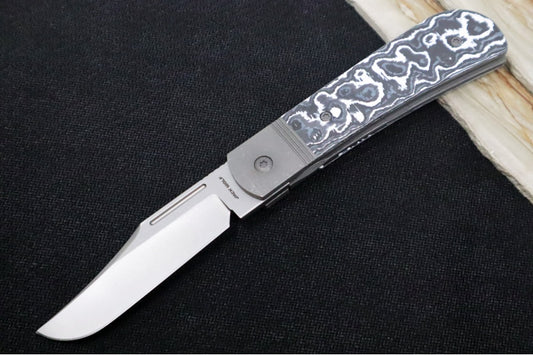 Jack Wolf Knives The Benny Front Flipper - Fat Carbon White Storm Inlay / Bead Blasted Titanium Frame & Bolsters / CPM-S90V Steel