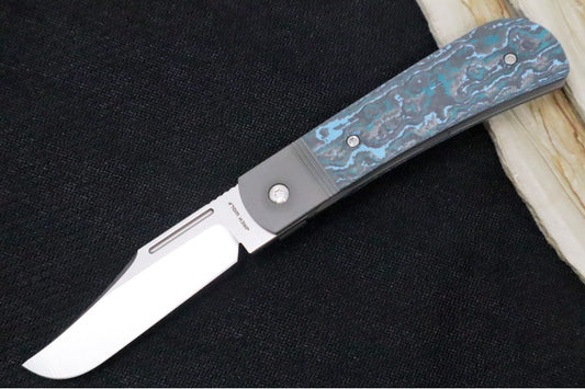 Jack Wolf Knives The Benny Front Flipper - Fat Carbon Arctic Storm Inlay / Bead Blasted Titanium Frame & Bolsters / CPM-S90V Steel