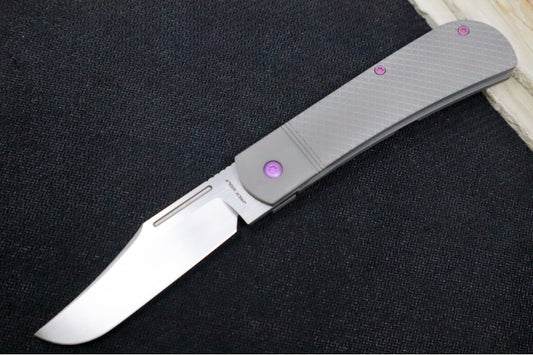 Jack Wolf Knives The Benny Front Flipper - Titanium Cross Hatch Handle & Purple Accents / Bead Blasted Titanium Frame & Bolsters / CPM-S90V Steel