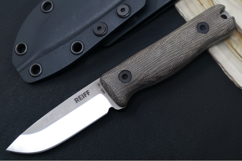 Reiff Knives F3 Fixed Blade - Green Canvas Micarta Handle / CPM-Magnacut Blade / Two-Toned Stonewashed Drop Point Blade / Black Kydex Sheath