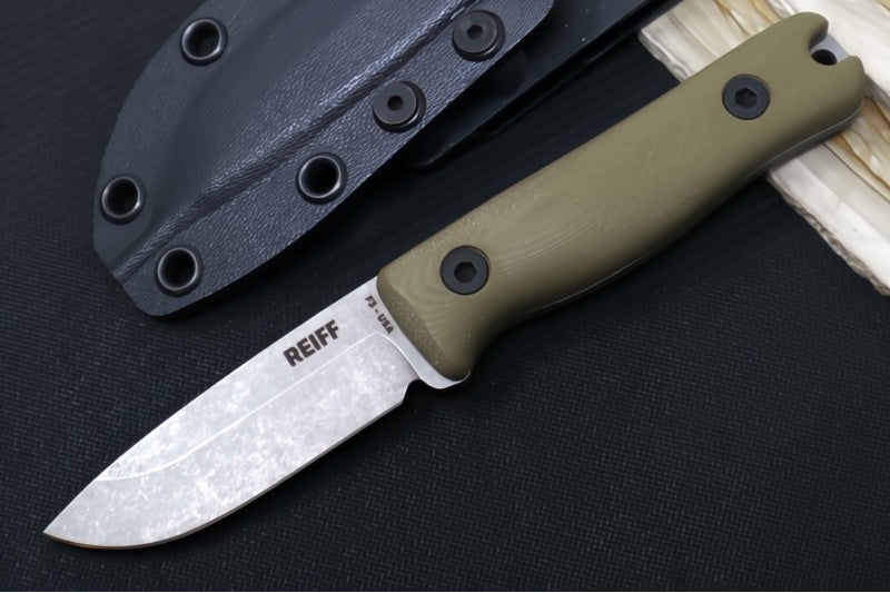 Reiff Knives F3 Fixed Blade - Green Canvas Micarta Handle / CPM-Magnacut Blade / Stonewashed Drop Point Blade / Black Kydex Sheath