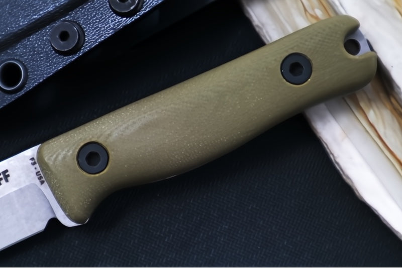 Reiff Knives F3 Fixed Blade - Green Canvas Micarta Handle / CPM-Magnacut Blade / Stonewashed Drop Point Blade / Black Kydex Sheath