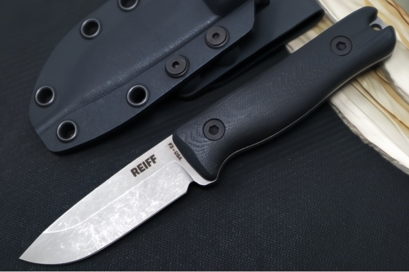 Reiff Knives F3 Fixed Blade - Black Canvas Micarta Handle / CPM-Magnacut Blade / Stonewashed Drop Point Blade / Black Kydex Sheath