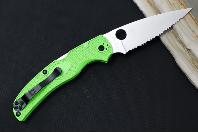 Spyderco Native Chief Salt - Serrated Drop Point Blade / Satin Finish / Green FRN Handle Scales / LC200N Steel C244SGR