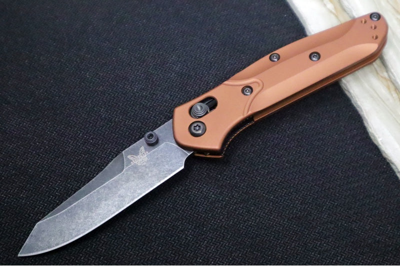 Benchmade 945BK-03 Mini Osborne - DLC Blackwash Finish / Reverse Tanto Blade / CPM-Magnacut Steel / Burnt Orange Aluminum Handle - Northwest Knives